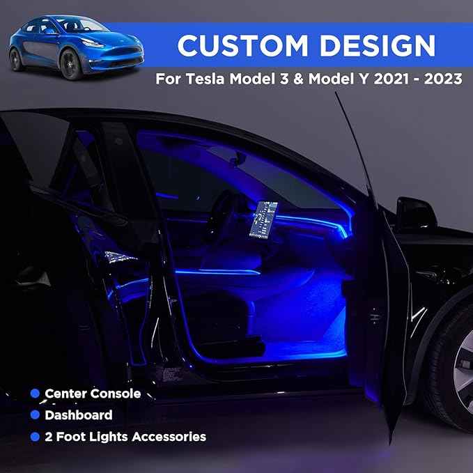Nestour Interior Car Neon Lights Fit for Tesla Model 3 Y 2021 2022 2023 (Center Console+Dashboard+2 Foot Lights) with Armrest Organizer, Tesla Ambient Lighting, APP-Controlled RGB LED Strip Lights