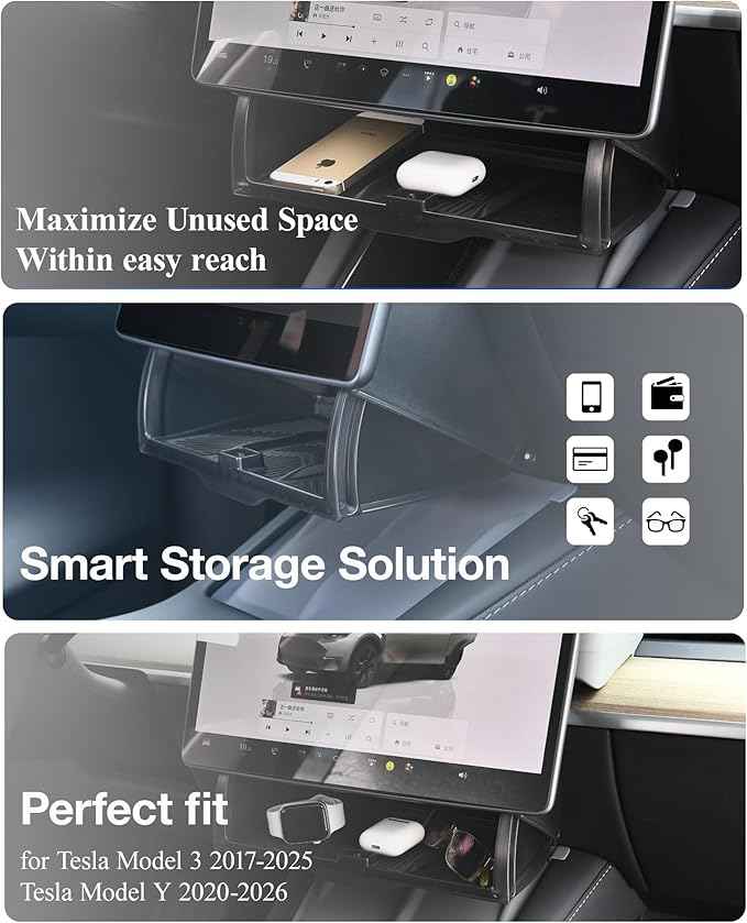 Tesla Hidden Under Screen Storage Box [One-tap Open & Smooth Damping Slides] Center Console Organizer for Model Y Juniper Model 3 Highland 2026~2016 (Fit New Model Y/3 Standard, Premium & Performance