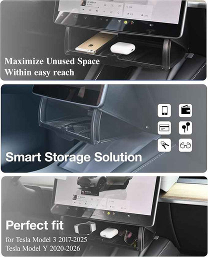 Tesla Hidden Under Screen Storage Box [One-tap Open & Smooth Damping Slides] Center Console Organizer for Model Y Juniper Model 3 Highland 2026~2016 (Fit New Model Y/3 Standard, Premium & Performance