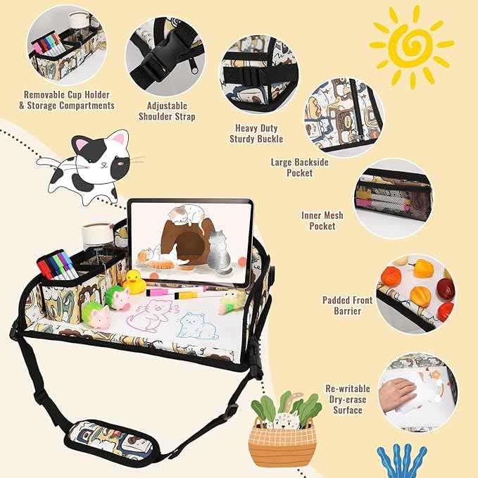 Kids Travel Tray for Airplane - Toddler Car Seat Table Tray, Road Trip Essentials for Boys & Girls, Carseat Lap Desk for Kids Road Trip Activities, Cute Kitten