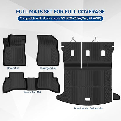 Custom Fit Floor Mats for Buick Encore GX 2020-2026(Only Fit AWD), All Weather TPE Floor Liners with Trunk Mat & Backrest Protectors, Odorless Full Set Interior Accessories