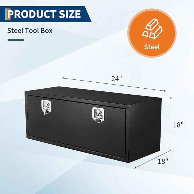 24 in Truck Tool Box Black Steel Truck Storage Tool Box,24 in x 18 in x 18 in Heavy Duty Underbody Tool Chest Organizer w/Lock and Keys, Weather-Resistant for Pickup, Truck Bed, RV, Trailer