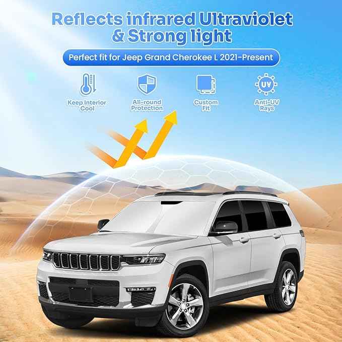 Window Shades for 2021-2025 2026 Jeep Grand Cherokee L Accessories Windshield Sun Shade Side Rear Window Cover Sunshade Sun Visor Shield Privacy Protection for Camping Keep Car Cool Black 8PCS