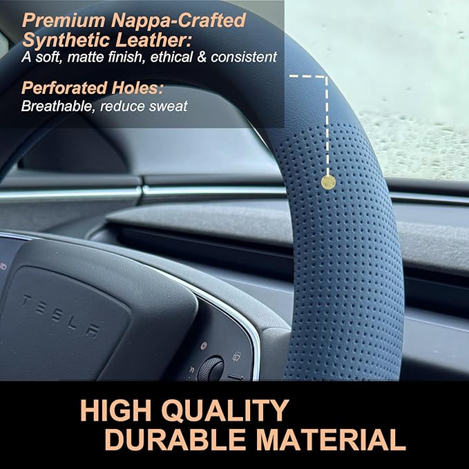 PINCTROT Nappa Leather Steering Wheel Cover for Tesla Model Y/3 Highland/Juniper, D Shaped 14 Inch Small Sized with Breathable Perforation, Fit Like Gloves, Flat Bottom 14 Inch(Nappa Smoky Blue)
