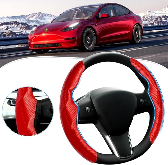 Steering Wheel Cover for Telsa Model 3/Model Y Accessories Carbon Fiber Steering Wheel Cover Protector Anti-Slip, Comfortable Grip, Breathable, Model 3/Y Accessories, Red