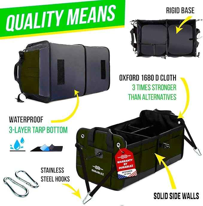 2-Section Trunk Organizer Foldable Car Storage Bin – Compact Dual-Compartment Auto Organizer with Cover Net, Non-Slip Pads, Heavy Duty Oxford 1680D – Black
