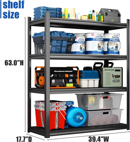 Metal Garage Shelving Unit 2500LBS Heavy Duty Storage Shelves 4 Tier Adjustable Shelving Unit Metal Shelving for Kitchen Warehouse Pantry Basement, 63" H x 39.4" W x 17.7" D, Black