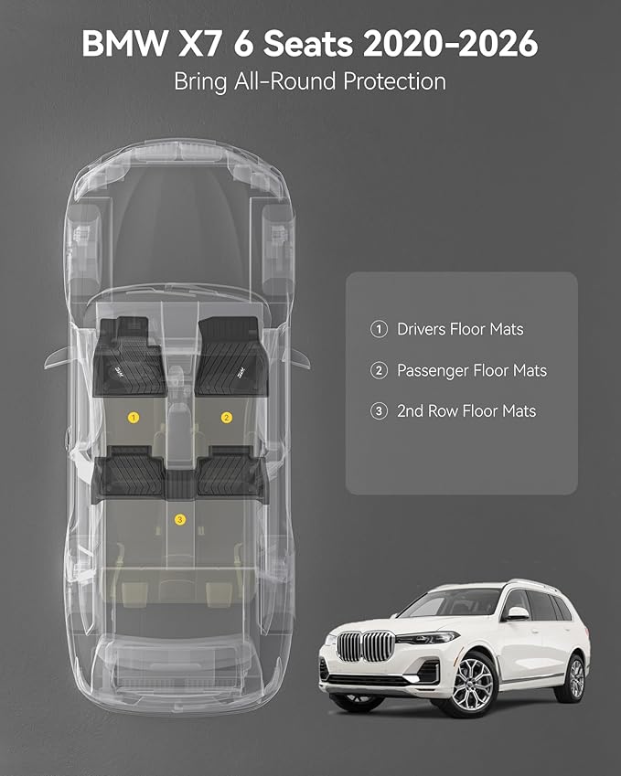 3W Floor Mats Fit for BMW X7 6 Seats 2019-2025 2026, M50i M60i xDrive40i xDrive50i, TPE All Weather Custom Fit Floor Liner, 76 Passengers 1st & 2nd Row, Full Set Car Liners Black