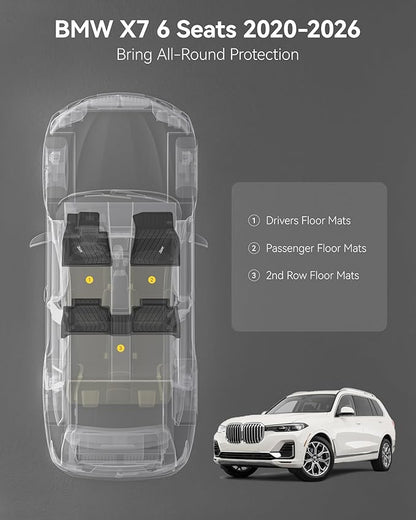 3W Floor Mats Fit for BMW X7 6 Seats 2019-2025 2026, M50i M60i xDrive40i xDrive50i, TPE All Weather Custom Fit Floor Liner, 76 Passengers 1st & 2nd Row, Full Set Car Liners Black