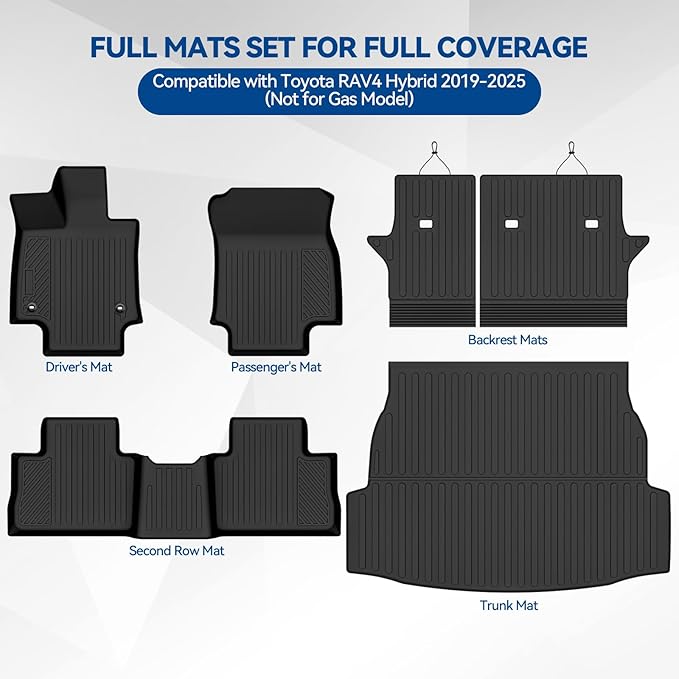 Custom Fit Floor Mats for Toyota RAV4 Hybrid 2019-2025(Not for Gas Model), All Weather TPE Floor Liners with Trunk Mat & Backrest Protectors, Odorless Full Set Interior Accessories