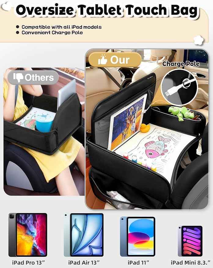 Leather Kids Travel Tray for Car - Car Seat Tray for Kids Travel, Road Trip Essentials, Carseat Table for Roadtrip Activities - Must Have Toddler Lap Desk Organizer for Airplane (Black)