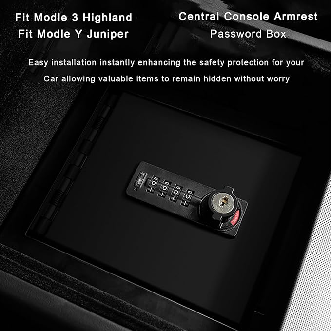 Fit 2025 2026 Tesla Model Y Juniper Center Console Gun Safe Vault For Tesla Model 3 Highland Armrest Lock Box Secure Vehicle Accessory with 4-digit Lock with Password Retrieval Key.