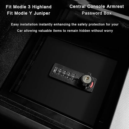 Fit 2025 2026 Tesla Model Y Juniper Center Console Gun Safe Vault For Tesla Model 3 Highland Armrest Lock Box Secure Vehicle Accessory with 4-digit Lock with Password Retrieval Key.