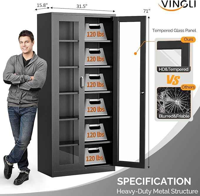 VINGLI Lockable Display Cabinet with Glass Doors & 5 Adjustable Shelves, 71" Tall Black Metal Storage Cabinet Curio Liquor, Bookshelf Bookcase for Home Office Living Room Pantry Garage