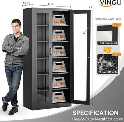 VINGLI Lockable Display Cabinet with Glass Doors & 5 Adjustable Shelves, 71" Tall Black Metal Storage Cabinet Curio Liquor, Bookshelf Bookcase for Home Office Living Room Pantry Garage