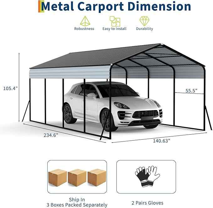 12x20 FT Metal Carport, Heavy Duty Carports Canopy with Galvanized Steel Frame & Roof, Outdoor Garage Car Port for All-Weather, Outdoor Galvanized Shelter for Car, Boats and Truck