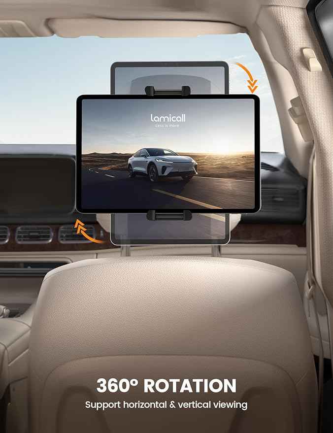 Lamicall Tablet Holder for Car Headrest - [Thick Case Friendly] [360° Rotation] Car Tablet Mount for Backseat, Road Trip Essentials for Kids, for iPad Pro, Air, Mini, Galaxy, Fire HD, 6.1-13" Tablets