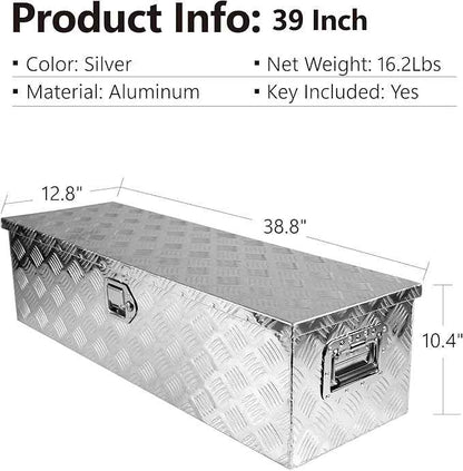 Truck Bed Toolbox for Trailer Pickup, RV Storage Organizer Tool Box Flatbox with Side Handle Lock Keys, Aluminum 5 Bar Tread Pattern Truck Bed Tool Box, Diamond Plate Chest Box Organizer 39 inches