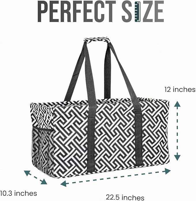 Extra Large Utility Tote Bag - Oversized Collapsible Reusable Wire Frame Rectangular Canvas Basket With Two Exterior Pockets For Beach, Pool, Laundry, Car Trunk, Storage - Geometrc Black