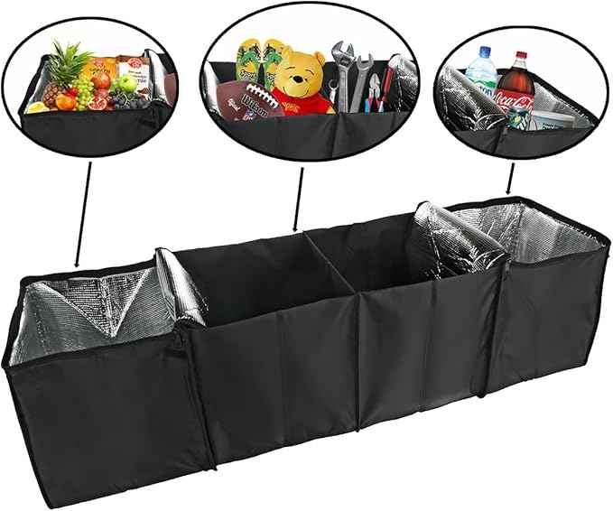 lebogner Auto Trunk Organizer With Insulated Cooler Compartments X-Large Vacation Trunk Cooler Box For Hot Or Cold Food While Traveling, Multipurpose Collapsible Car Accessories Storage Organizer
