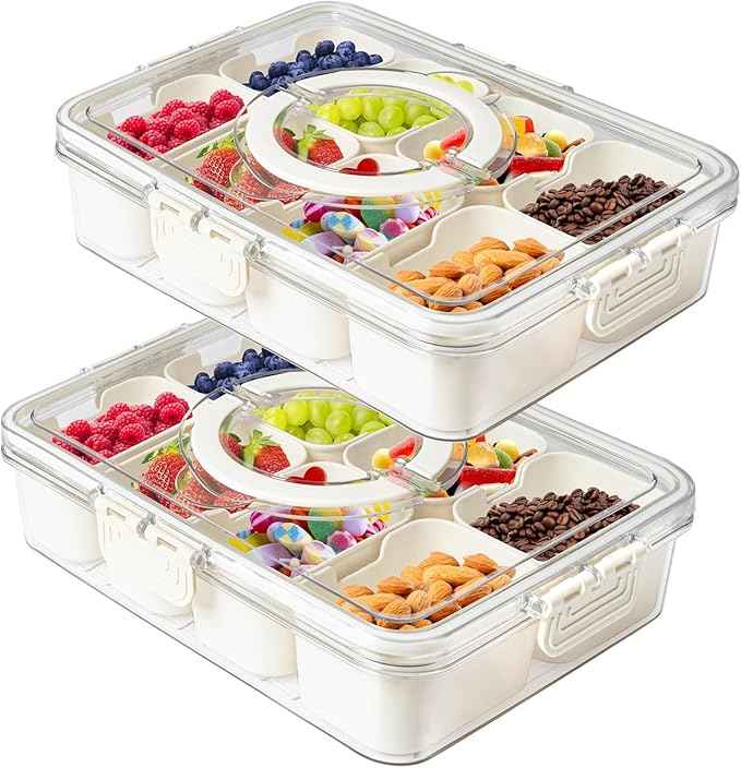 Eanpet 2Pack Divided Veggie Tray with Lid and Handle 8 Compartment Serving Tray with Dividers Portable Travel Snack Containers Stackable Snackle Box Charcuterie Container for Fruit,Vegetable,Salad