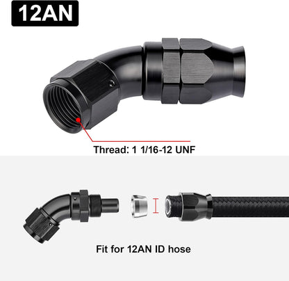 EVIL ENERGY 12AN 45 Degree PTFE One Piece Full Flow End Hose Fitting Aluminum Black