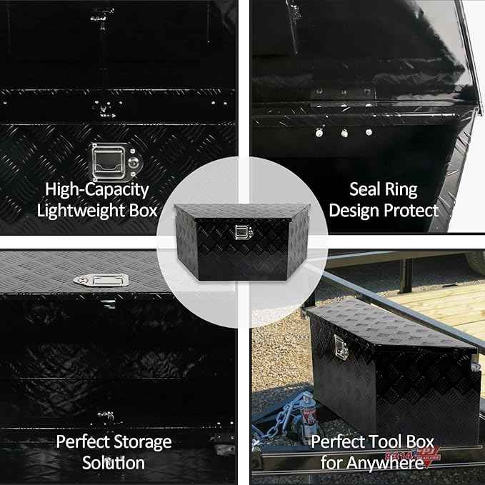 34 Inch Aluminum Trailer Tongue Tool Box 5 Bar Tread Wide Utility ToolBox for Pick Up Truck RV Storage Organizer Tool Box with Lock and Keys - 34"X14.5"X15" Black