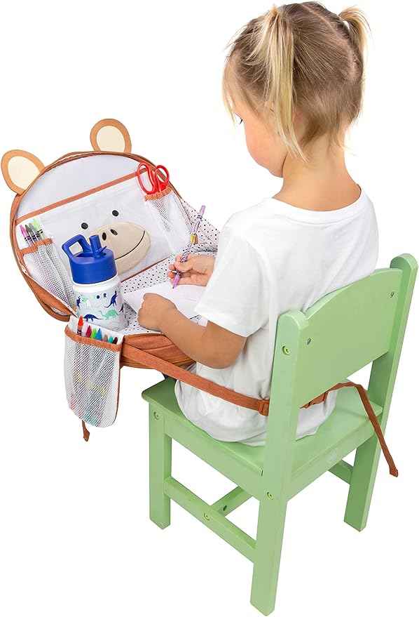 Lulyboo Toddler Car Seat Tray & Backpack - Multipurpose Travel Lap Desk with Built-in Cup Holder, 8 Storage Pockets, Waterproof Cover, Animal Unicorn Design, Inflatable Airplane & Car Travel Accessory