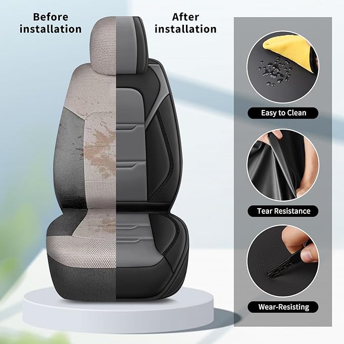 YORKNEIC Seat Covers for Dodge Dart 2013-2016:2 Row 5 Seat Full Set Faux Leather Car Seat Covers Waterproof Car Seat Protectors with Airbag Compatible Cushion(5 Seat Full Set,Black&Grey)