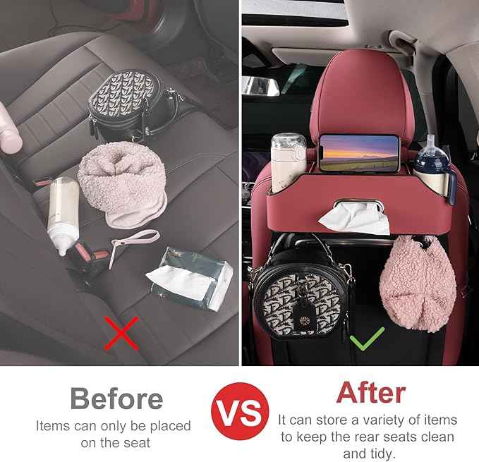 Car Rear Backseat Extra Multifunctional Drink Cup Holder Organizers With Tissue Storage Box Organizer & Hooks For Car Seat Back. Red