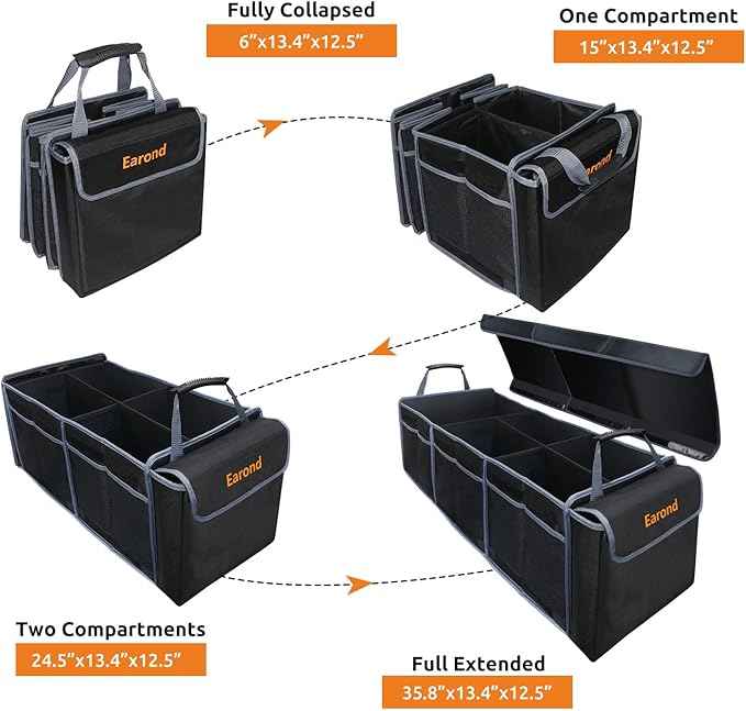 Car Trunk Organizer with Lid,Collapsible Car Storage Organizer with Multi Compartments and Securing Straps for SUV,Sedan,Jeep-Black & Grey