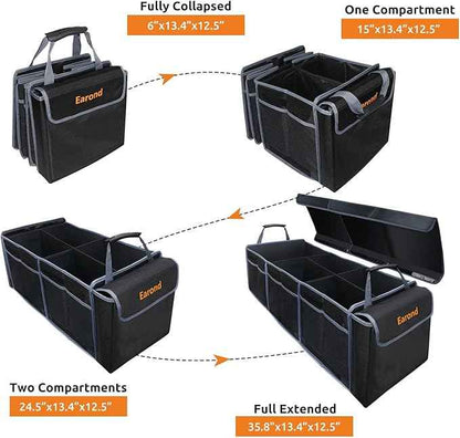 Car Trunk Organizer with Lid,Collapsible Car Storage Organizer with Multi Compartments and Securing Straps for SUV,Sedan,Jeep-Black & Grey