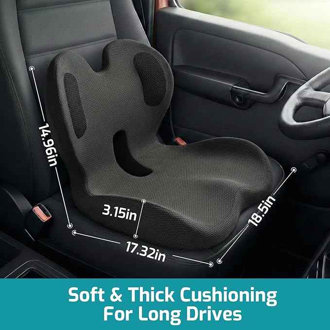 Trucker Seat Cushion, Car Seat Cushions with Lumbar Support Pillow, Ergonomic L-Shaped Orthopedic Memory Foam Pad for Long Driving Back Pain Sciatica Relief, Drivers Office Workers (Black+ Gray)