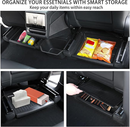 Under Seat Storage Box Organizer for Tesla Model Y Juniper 2025 2026 - Rear Row，Anti-Slip Hidden Underseat Organizer Tray with Lid Cover Storage Box for Model Y Juniper Interior Accessories (1 Pack）