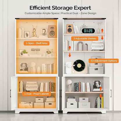 VINGLI Bookcase with Doors and Adjustable Shelves, Steel 70" Tall Bookshelf, 6-Tier Farmhouse Metal Storage Cabinet for Study, Living Room, Home Office, Kitchen Pantry, White Display Cabinet