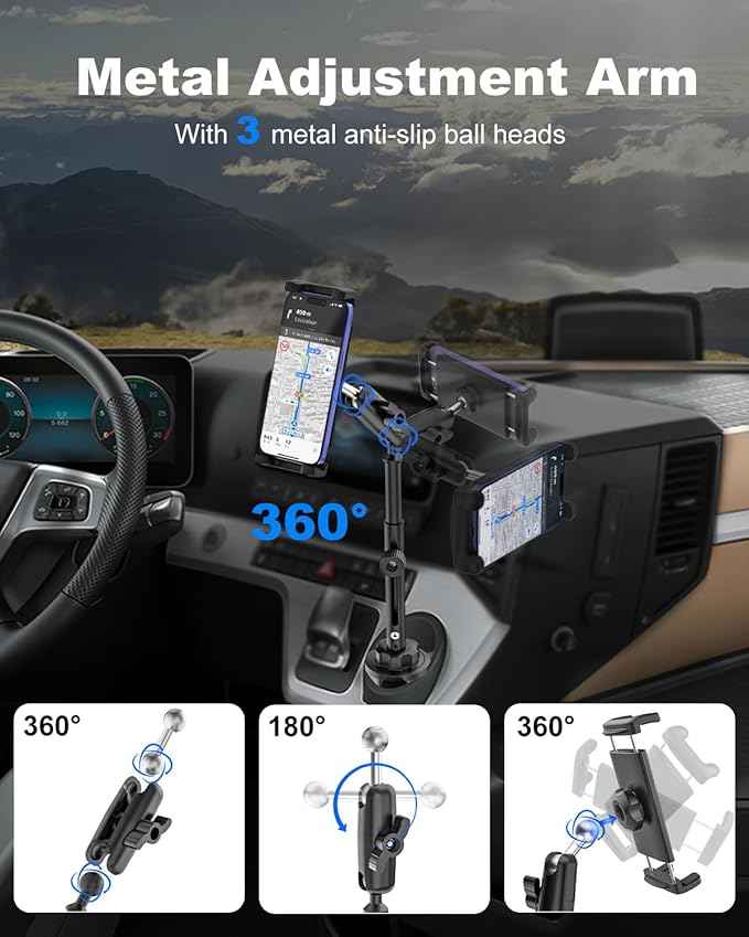 iPad Cup Holder Car Mount Heavy Duty [Height Adjust] Metal Long Arm Cup Holder Tablet Mount for Car, Truck, Compatible with 4.7-13" iPad Pro Air Mini, Galaxy Tab, iPhone, Cell Phone