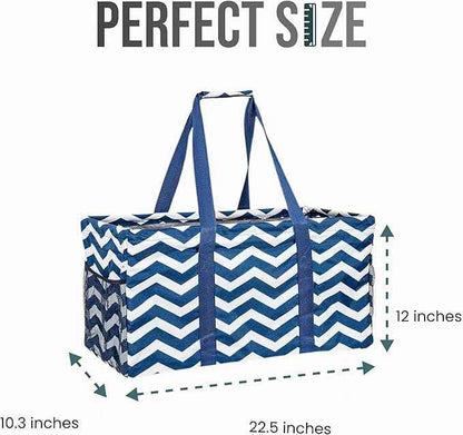 Extra Large Utility Tote Bag, Oversized Collapsible Reusable Wire Frame Rectangular Canvas Basket With Two Exterior Pockets For Beach, Pool, Laundry, Car Trunk, Storage - Chevron Navy