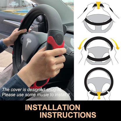PINCTROT Comfy Grip Steering Wheel Cover for Tesla Model Y/3 2016-2025 2026 Standard/Highland/Juniper, D Shaped 14 Inch Small Sized, Flat Bottom with 3D Honeycomb Anti-Slip Design (Comfy Grip Red)