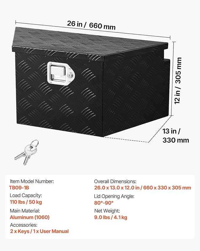 VEVOR Trailer Tongue Box, Heavy Duty Trailer Tongue Tool Box Storage Organizer with Lock & Keys, Utility Tool Chest for Pickup Truck Bed, RV, SUV, Off-Road Vehicle, Aluminum, 26" x 13" x 12", Black