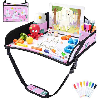COOLBEBE Kids Travel Tray for Toddler Car Seat, Travel Tray for Airplane, Toddler Car Seat Lap Tray, Carseat Table Tray for Kids Travel Activities (Pink Alpaca)