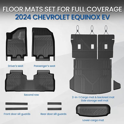 Floor Mats & Cargo Mat with Backrest Mat for 2024-2026 Chevy Equinox EV, Door Sill Guards, Trunk Lower Mat, All Weather TPE Trunk Cargo Liner Car Mat Accessories for Chevrolet Equinox EV