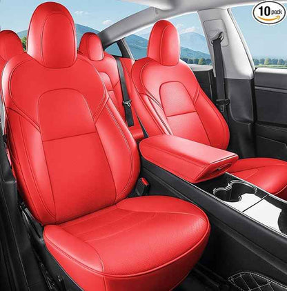 Tesla Model 3 Car Seat Covers Nappa Leather Car Interior Seat Airbag Compatible Cushion Cover Full Set Custom Fit 2023 2022 2021 2020 2019 2018, Nappa Bright Red