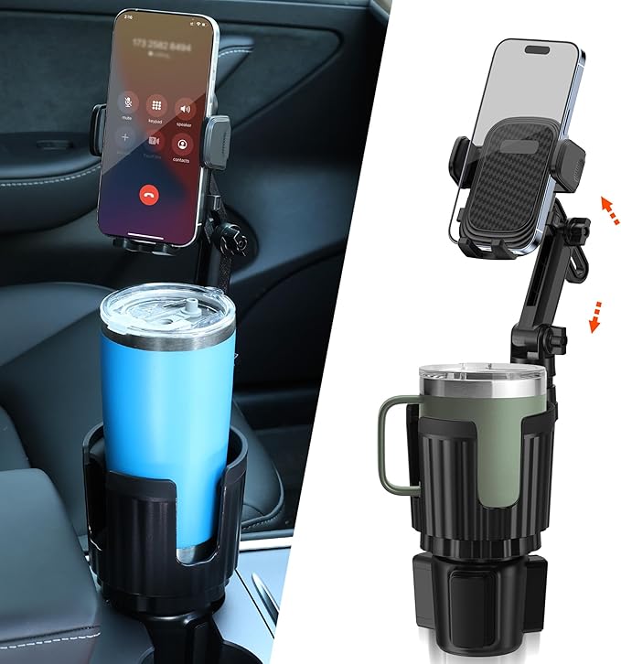 Newlest 2 in 1 Phone Mount for Car Cup Holder with Adjustable Base, Holders for Car Cupholder, No Shaking 360° Flexible Neck Phone Mount for All 4-7” Smartphones, Cup Holder for Most Bottles
