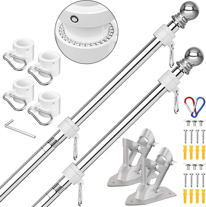 ZMTECH Flag Pole - Upgraded Bracket, (2 Packs) 6 FT Stainless Steel Flag Poles for Outside House, Residential or Commerical, Tangle Free Flag Pole Kit for American Flag (Without Flag, Silver)