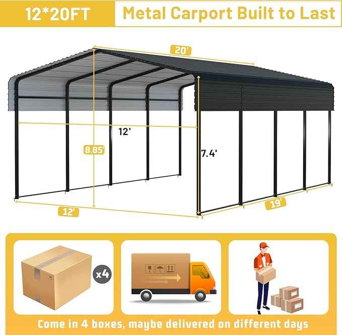 12x20FT Heavy Duty Metal Carport, Galvanized Steel Frame & Roof with Reinforced Base, All-Weather Outdoor Shelter for Vehicles, Boats and Outdoor Storage