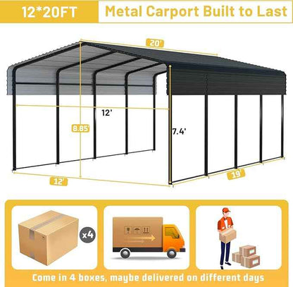 12x20FT Heavy Duty Metal Carport, Galvanized Steel Frame & Roof with Reinforced Base, All-Weather Outdoor Shelter for Vehicles, Boats and Outdoor Storage
