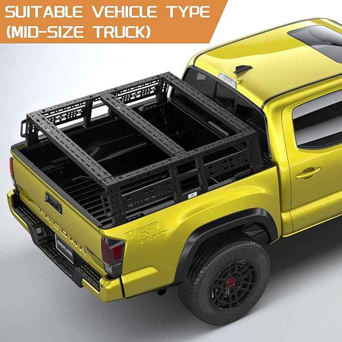 CLAMBER Overland Bed Rack for Mid-Size Pickup Truck with/Without Bed Rails | Adjustable Width Compatible with Tacoma, Gladiator, Ranger, Colorado, Canyon, Frontier (See Image for Size Chart)