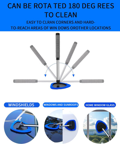 Auto Window Cleaning Tool, Retractable Windshield Cleaner Wand, Car Window Glass Cleaning, Double Sided car Window Cleaner, Microfiber Mirror Cleaning Tool kit. Car Interior Cleaning. (Blue)