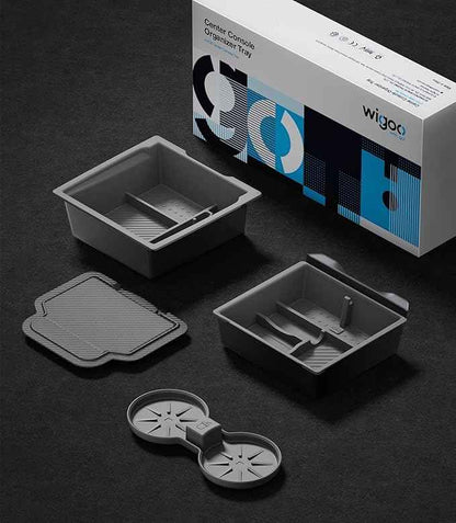 Wigoo Center Console Organizer for Tesla Model Y Juniper (Only Premium & Performance 2025 2026) and All Model 3 Highland Accessories [Double-Layer Storage, Smooth Sliding] 4PCS Gray
