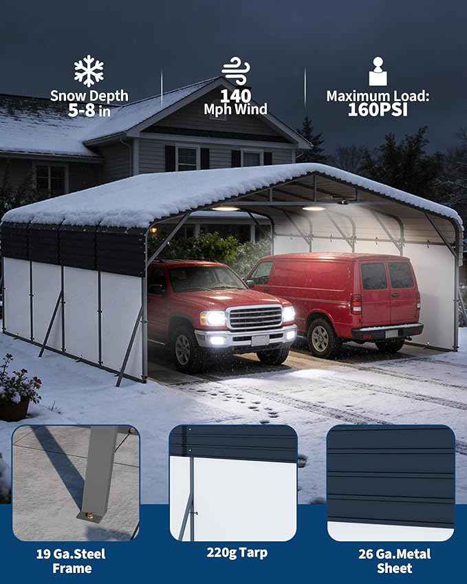 20x20FT Metal Carport Heavy-Duty Build with LED Light & Galvanized Steel Roof, Reinforced Stable Structure with Removable PE Sidewalls(White), Spacious Versatile Shelter for Cars, Boats, and Events